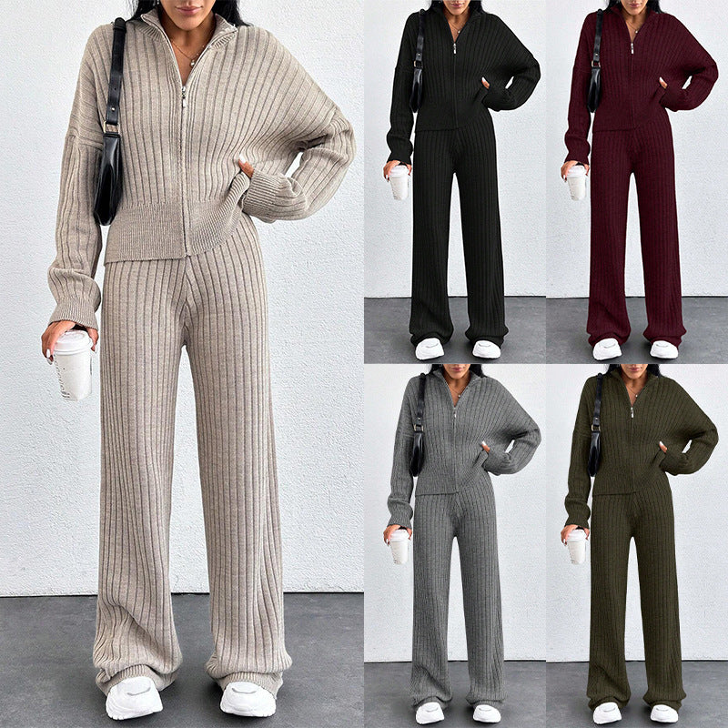 Autumn And Winter New European And American Women's Casual Loose Zip Top And Trousers Two-piece Set