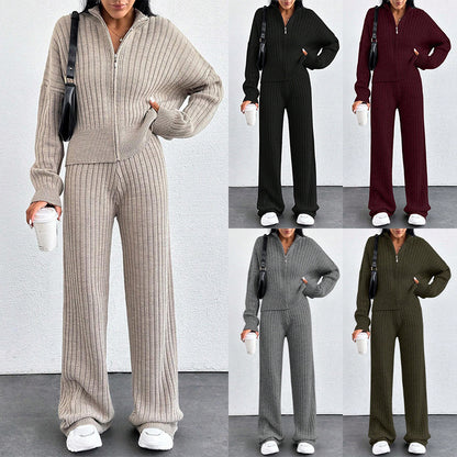 Autumn And Winter New European And American Women's Casual Loose Zip Top And Trousers Two-piece Set