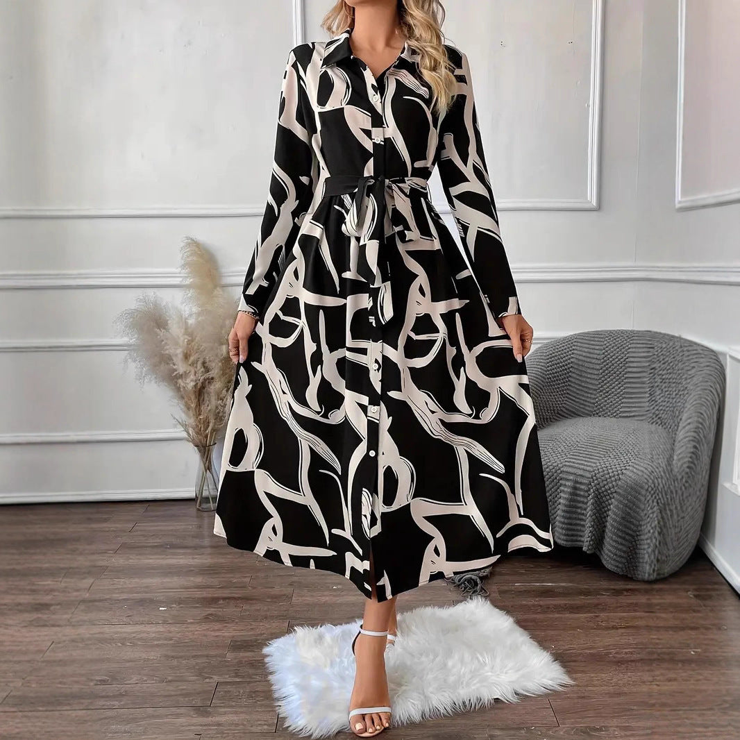 New Elegant Graceful Fashion Polo Collar Printed Long Shirt Dress Women