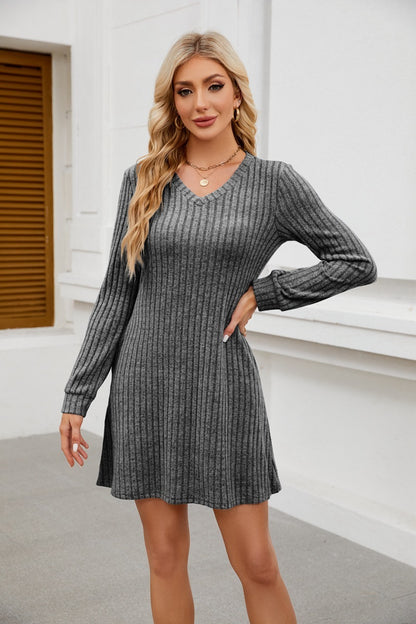 V-neck Pocket Sunken Stripe Brushed Long Sleeve Leisure Dress