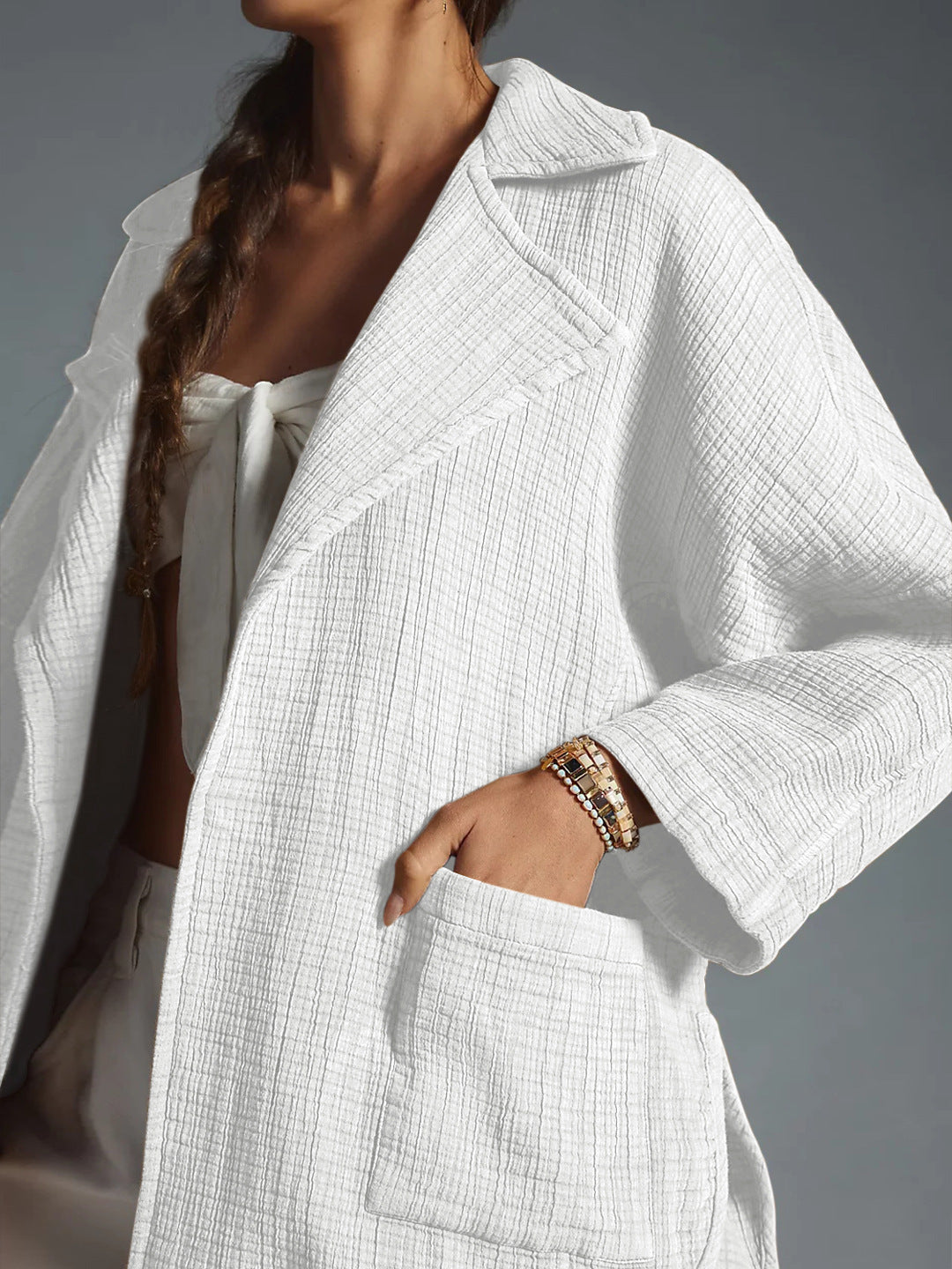 All-match Cardigan Lapel Long Sleeve Solid Color Top