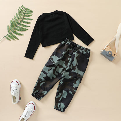 Two-piece Set Of New Letter-print Leak Navel Top Camouflage Pants