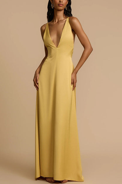 Women's Sexy Backless V-neck Satin Long Dress