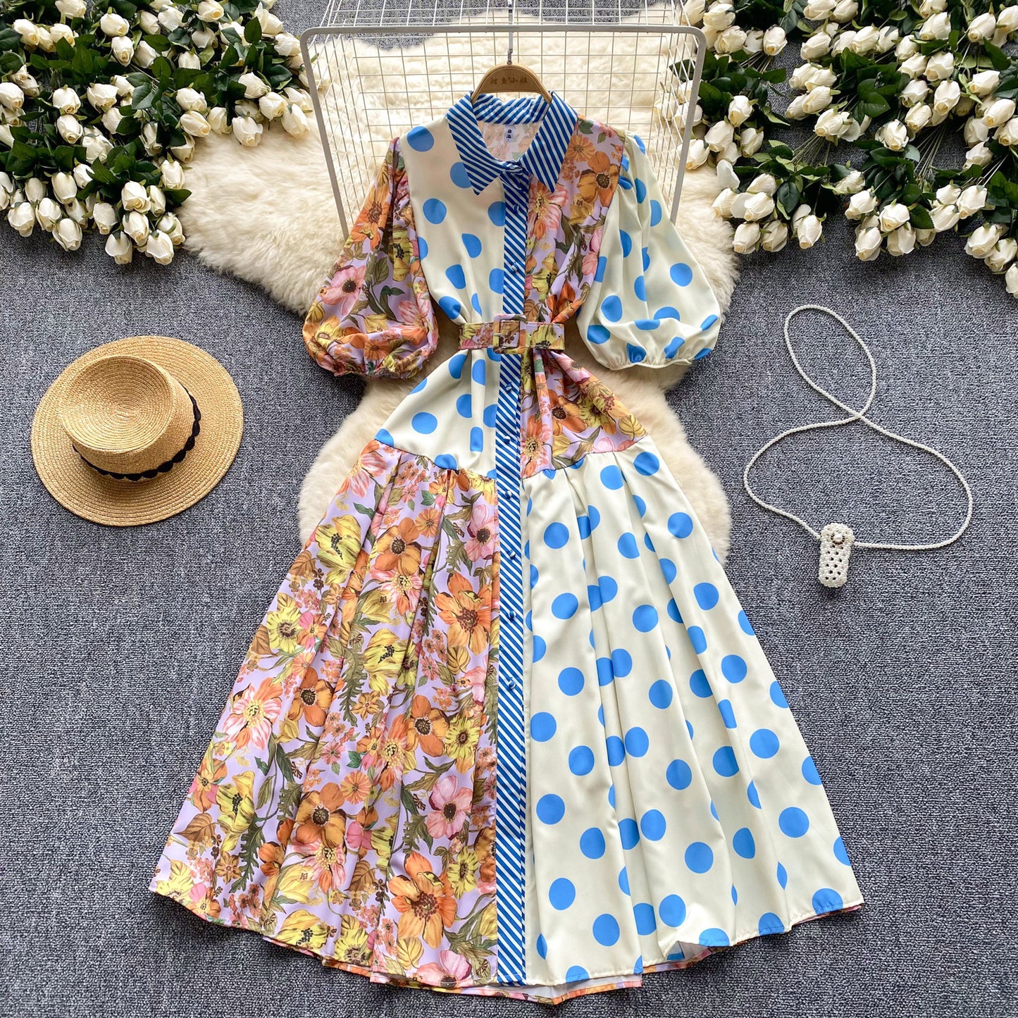 Women's Vintage Court Printed Lantern Sleeve Dress