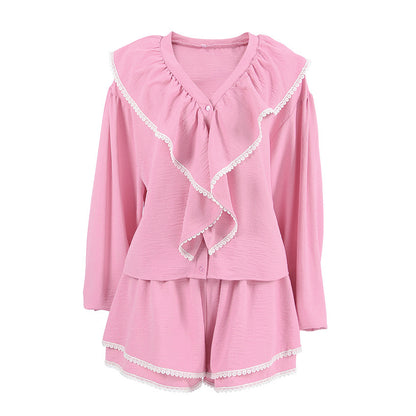 Layered Ruffled Lapel Lantern Sleeve Loose Two-piece Suit