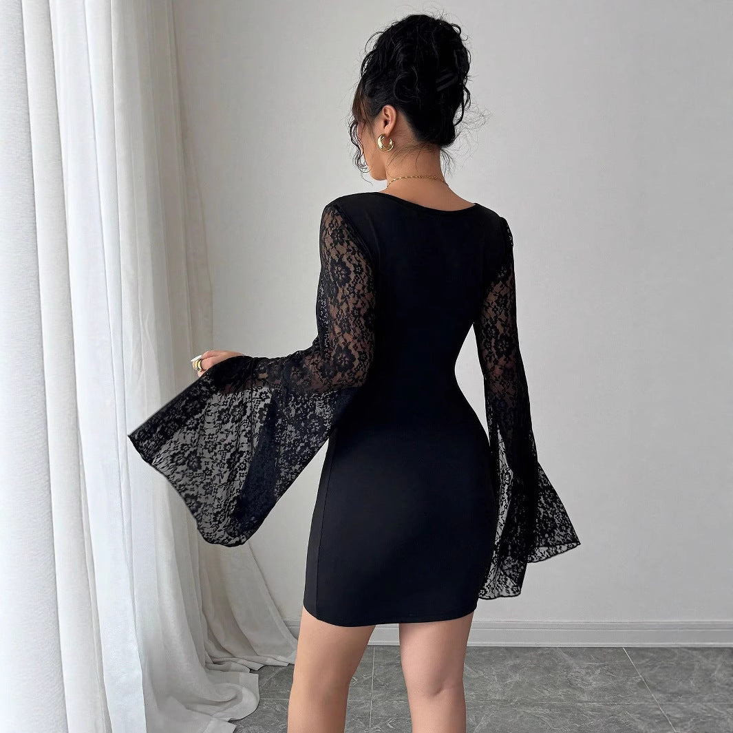 Bell Sleeve Split Solid Color Lace Stitching Square Collar Hip Dress