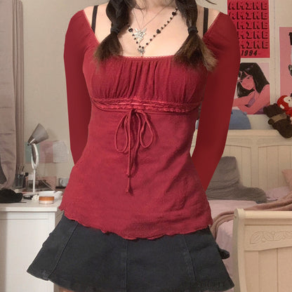 Autumn Mesh Lace Pullover Bow Waist Long Sleeve Top