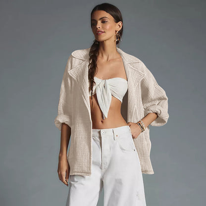 All-match Cardigan Lapel Long Sleeve Solid Color Top