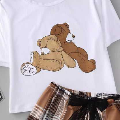 New Bear Printed Short-sleeved Top Lace Bow Printed Checks Shorts Home Wear Suit
