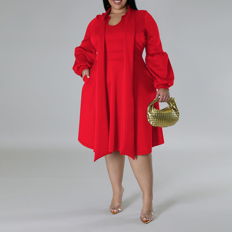 Long-sleeved Bubble Sleeve Midi Dress