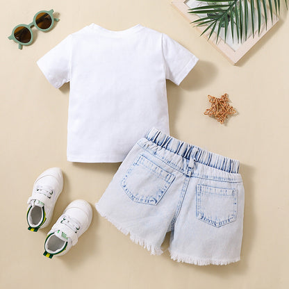 Children's Letter Short Sleeve Denim With Hole Shorts Suit