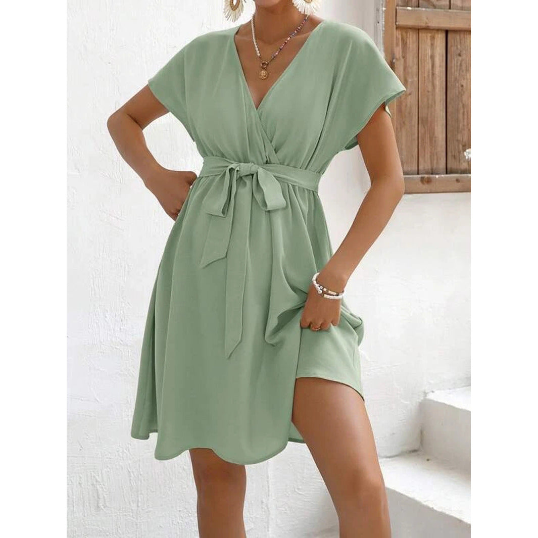 V-neck Batwing Sleeve Belt Decorative Casual And Comfortable Fashion Dress