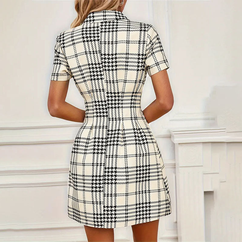 Fashionable Waist-trimming Houndstooth Short Women's Dress
