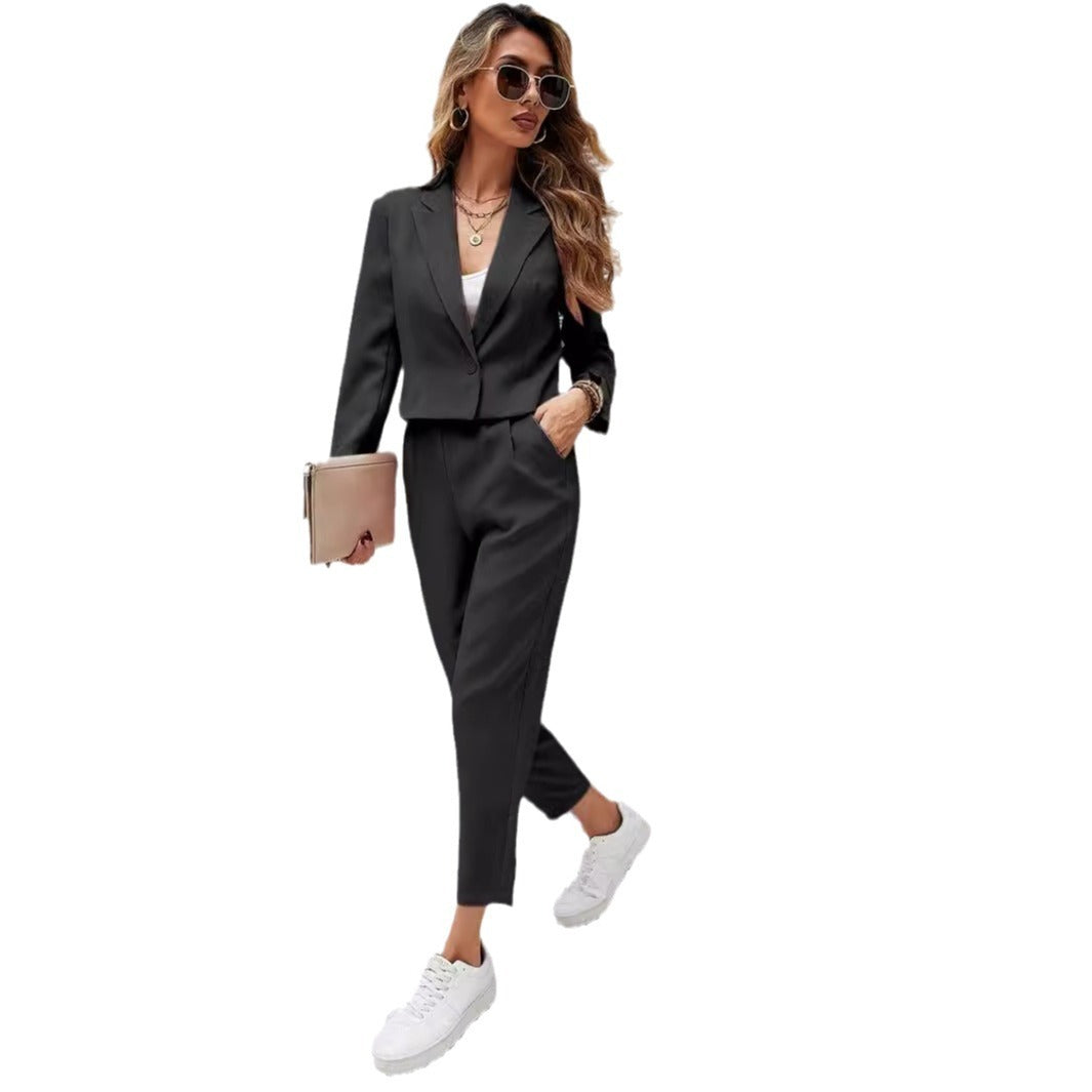 Solid Color Lapel Long Sleeve Dungarees Fashion Two-piece Suit