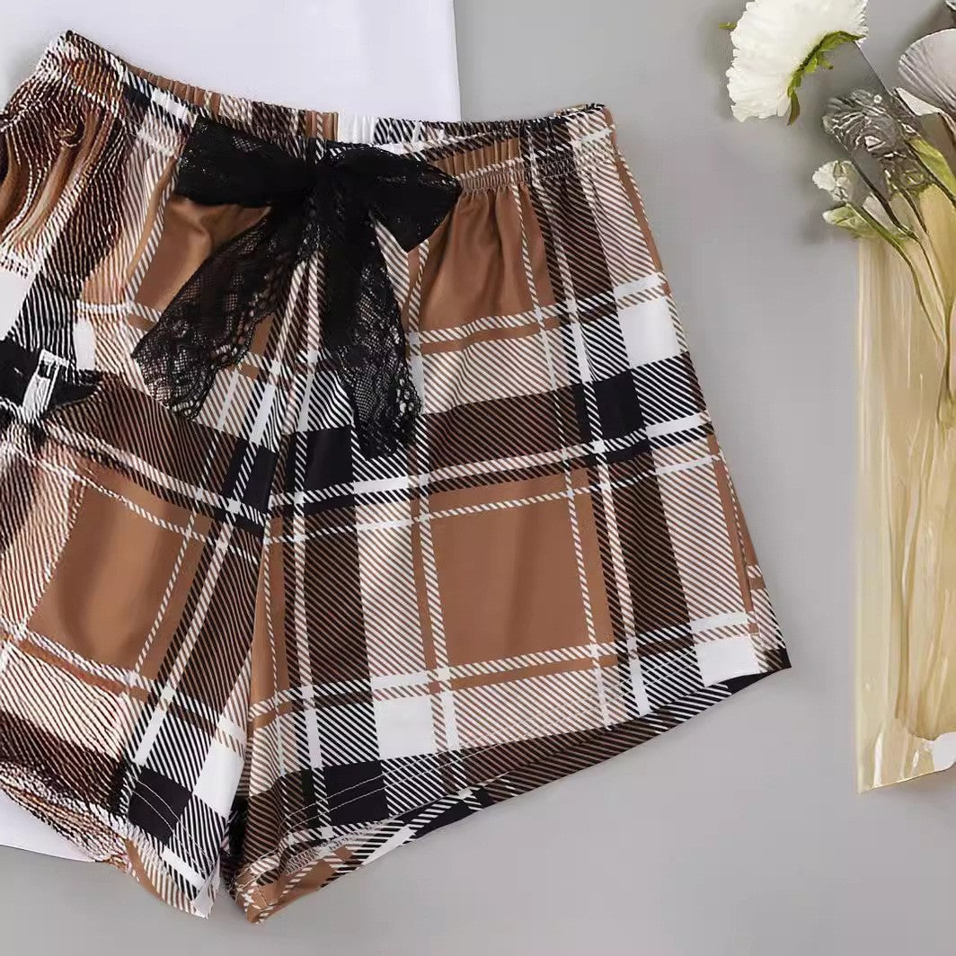 New Bear Printed Short-sleeved Top Lace Bow Printed Checks Shorts Home Wear Suit