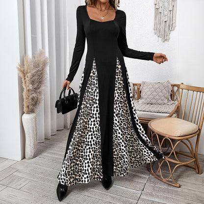 Elegant Retro Style Square Collar Long Sleeve Leopard Splicing Dress