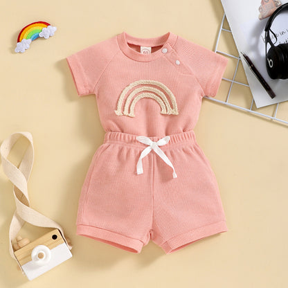 Rainbow Waffle Four-color Side Button Short Sleeve Baby Bodysuit Shorts Suit