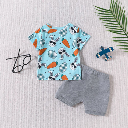 Rabbit Carrot Printed Plaid Pocket Short Sleeve