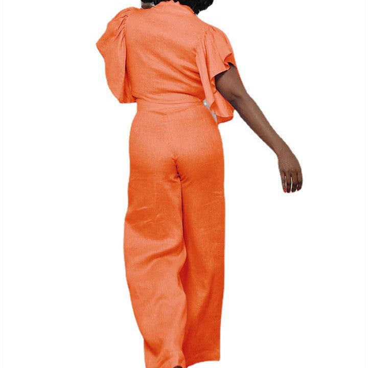 Women's Temperament Casual V-neck Linen Sleeve Pants Set