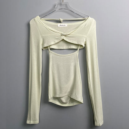 Autumn New Slightly See-through Thin Halter Spaghetti Straps Vest Long Sleeve Shawl Skinny Slimming Sets