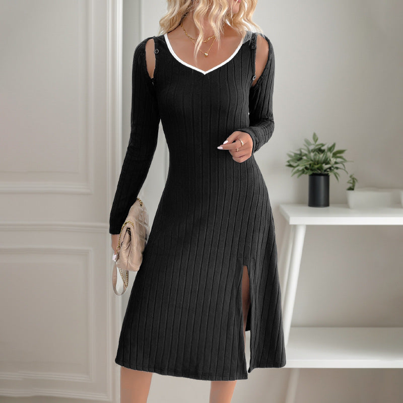 Elegant Style Detachable Long Sleeve V-neck Black Knitted Dress