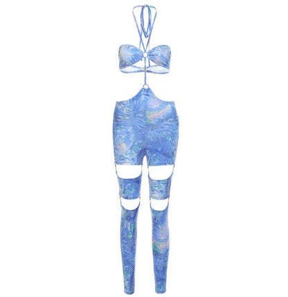 Summer Fashion Sexy Halter Neck Buckle Cutout Strap Hollow Jumpsuit