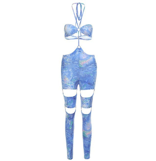 Summer Fashion Sexy Halter Neck Buckle Cutout Strap Hollow Jumpsuit