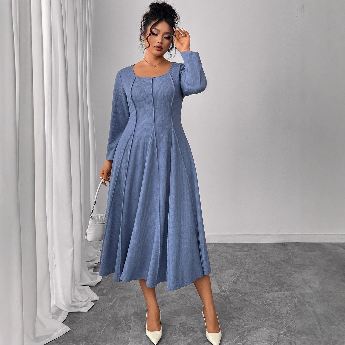 Square Collar Plus Size Loose High Waist Slimming Long Dress