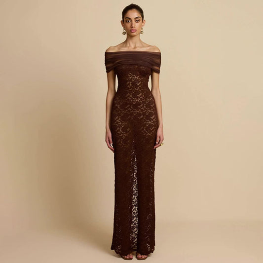 Women's Off-shoulder See-through Sexy Lace Split Slim-fit Sheath Dress