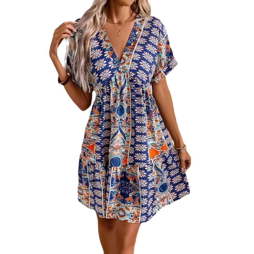 V-neck High Waist Batwing Sleeve Holiday Dress