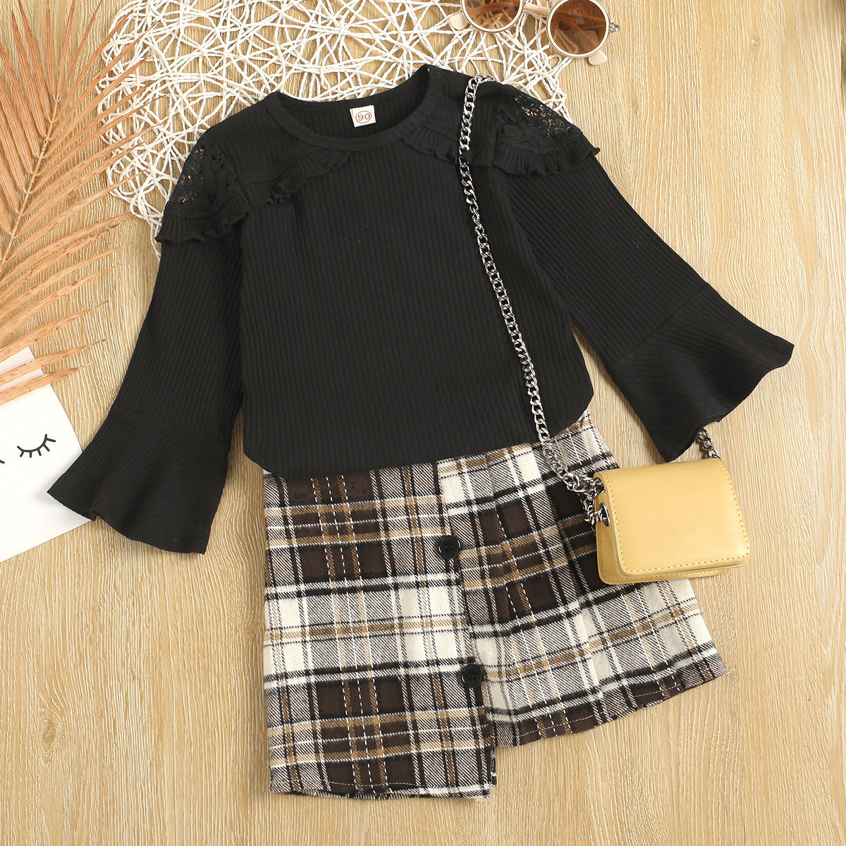 Flared Sleeve Knitted Pit Top Irregular Plaid Skirt Two Piece Set