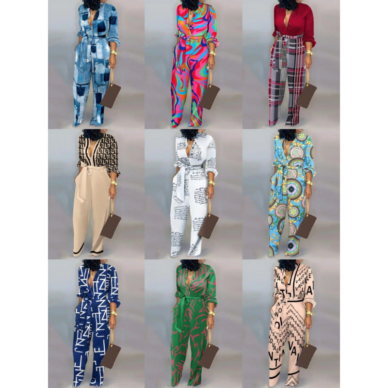 European And American Printed Button Loose Long Sleeve Tied High Waist Casual Straight-leg Jumpsuit