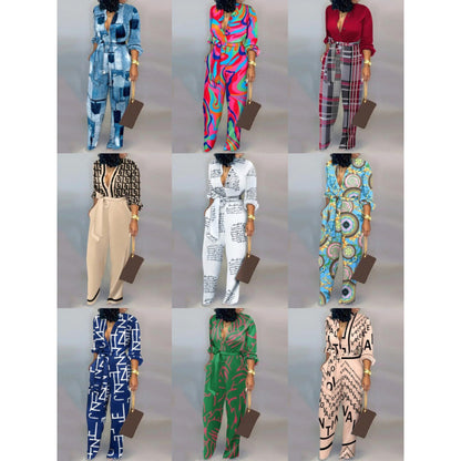 European And American Printed Button Loose Long Sleeve Tied High Waist Casual Straight-leg Jumpsuit