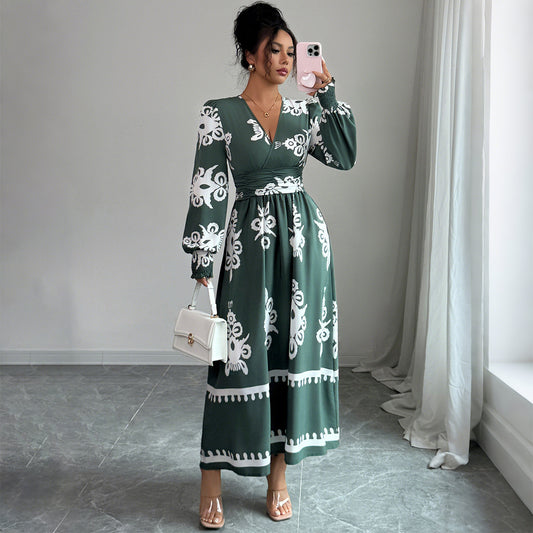 Elegant Style Printed Long Sleeve Dress Women's Clothing