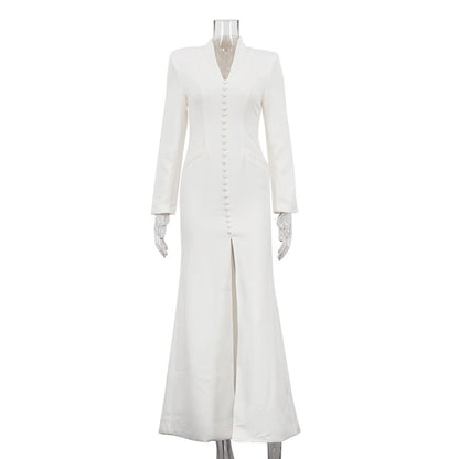 V-neck Long Sleeve High Waist Slit French Dress