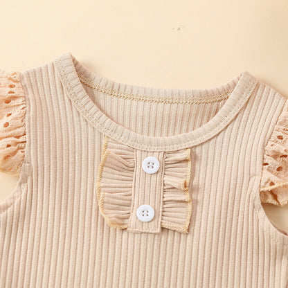 Girls' Flounced Sleeve Buttons Sunken Stripe Cotton Shorts Suit