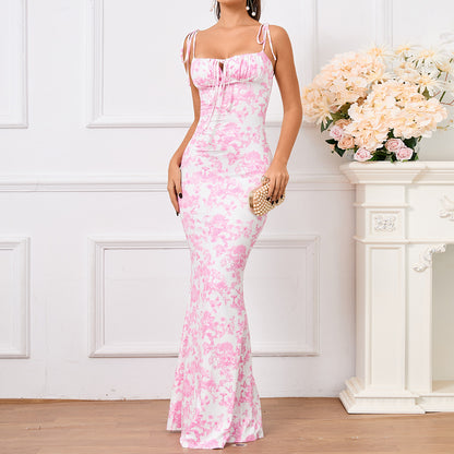 Floral Ruffle Back Tie Halter Maxi Bodycon Mermaid Dress With Multiple Patterns