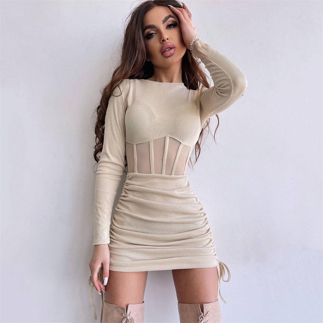 Fashion Women's Wear Round Neck Long Sleeve Pleating Skirt