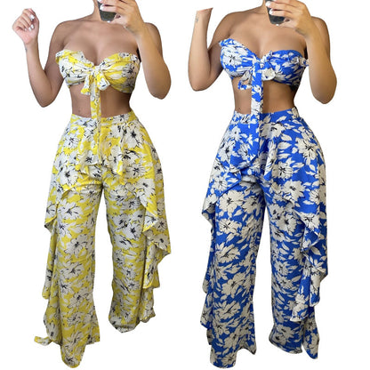 Women's Wide Leg Pants Suit With Printed Ruffled Bow