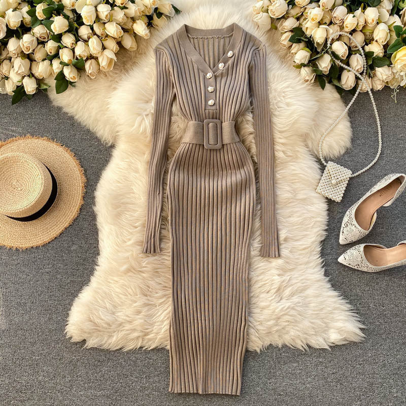 Autumn And Winter Design Sense Belt Waist Slimming Hollow Stripes Slim Fit Dress