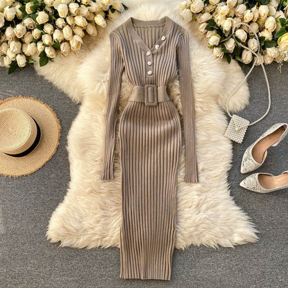 Autumn And Winter Design Sense Belt Waist Slimming Hollow Stripes Slim Fit Dress