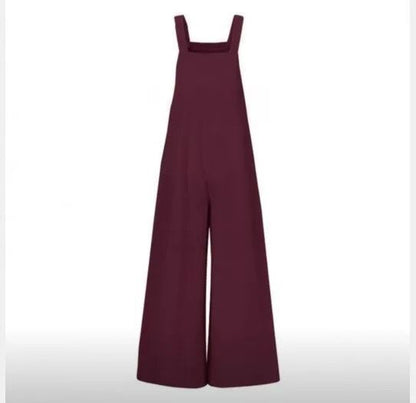 Cotton And Linen Solid Color Suspenders Long Wide-leg Jumpsuit