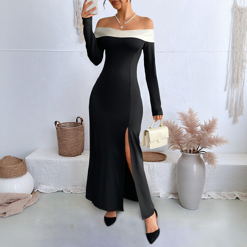 Female One Shoulder Patchwork Slim Long Dress