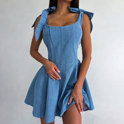 Fashion Hot Girl Square Collar Lace Up Fishbone Waist Dress