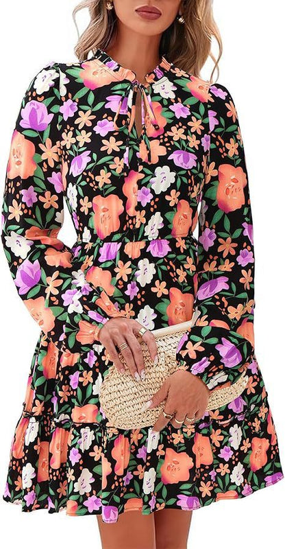 Elegant V-neck Flower Lace-up Long Sleeve Dress