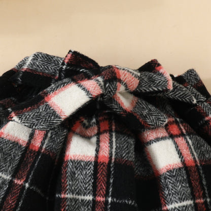 Turtleneck Top Drawstring Tartan Skirt Beret Three-piece Set