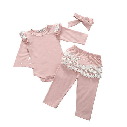 Infant And Toddler Cotton Lace Long-sleeved Harness Lace Long Pants Set