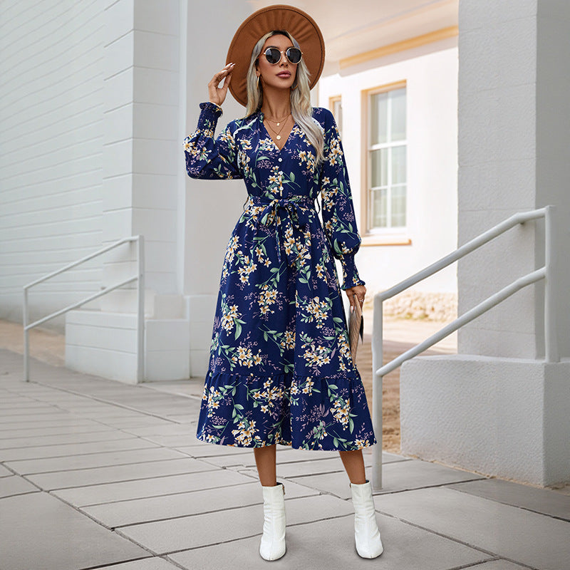 Autumn New European And American Women's Clothing Cross-border Long Sleeve Flower Print Dress