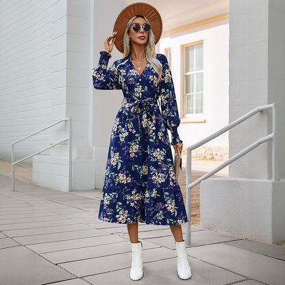 Autumn New European And American Women's Clothing Cross-border Long Sleeve Flower Print Dress