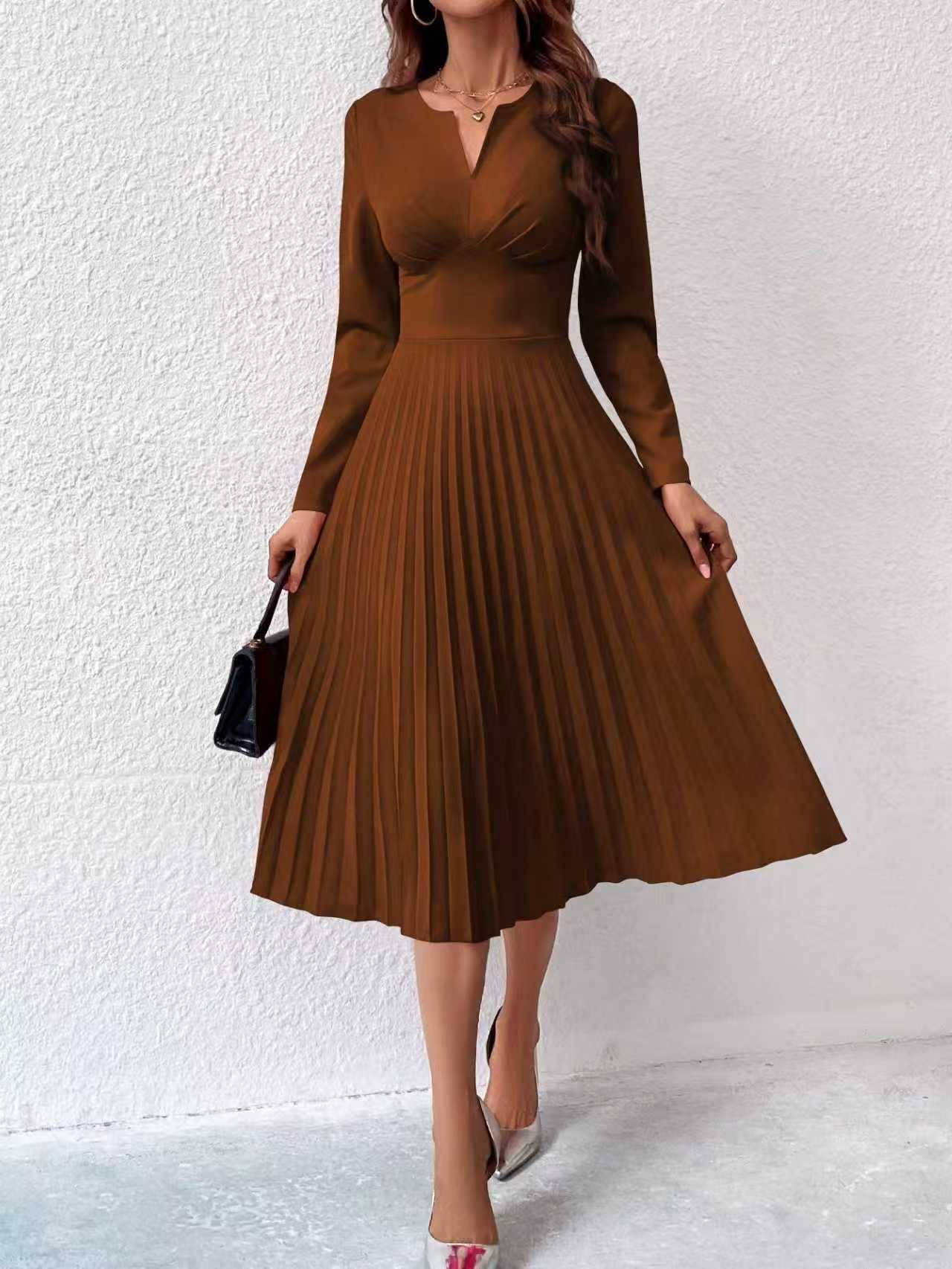 Fashionable Elegant, Solid-color Pleated Waist-cinching Slim Dress
